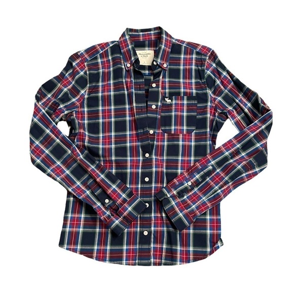 Abercrombie & Fitch Navy Blue Red Madris Cotton Long Sleeve Button-Up Shirt-Med. - Picture 6 of 12